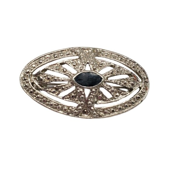Unbranded Jewelry - Vtg Victorian Revival Brooch Silver Tone Black Oblong 1-3/4" Faux Marquesite